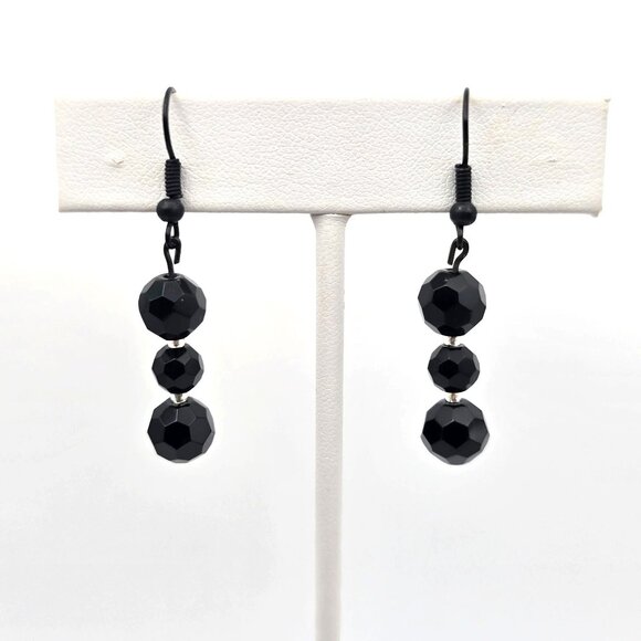 Women's Black Geometric Cut Glass Beaded Dangle Drop Hook Earrings - Picture 1 of 5